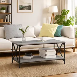 Sturdy Grey Coffee Table with Open Shelf Storage