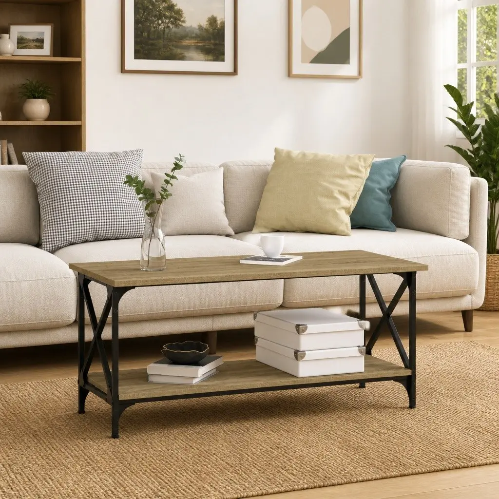 Black Engineered Wood Coffee Table with Iron Frame