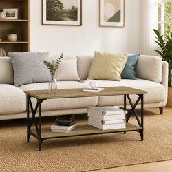Durable Black Engineered Wood Coffee Table with Iron Frame