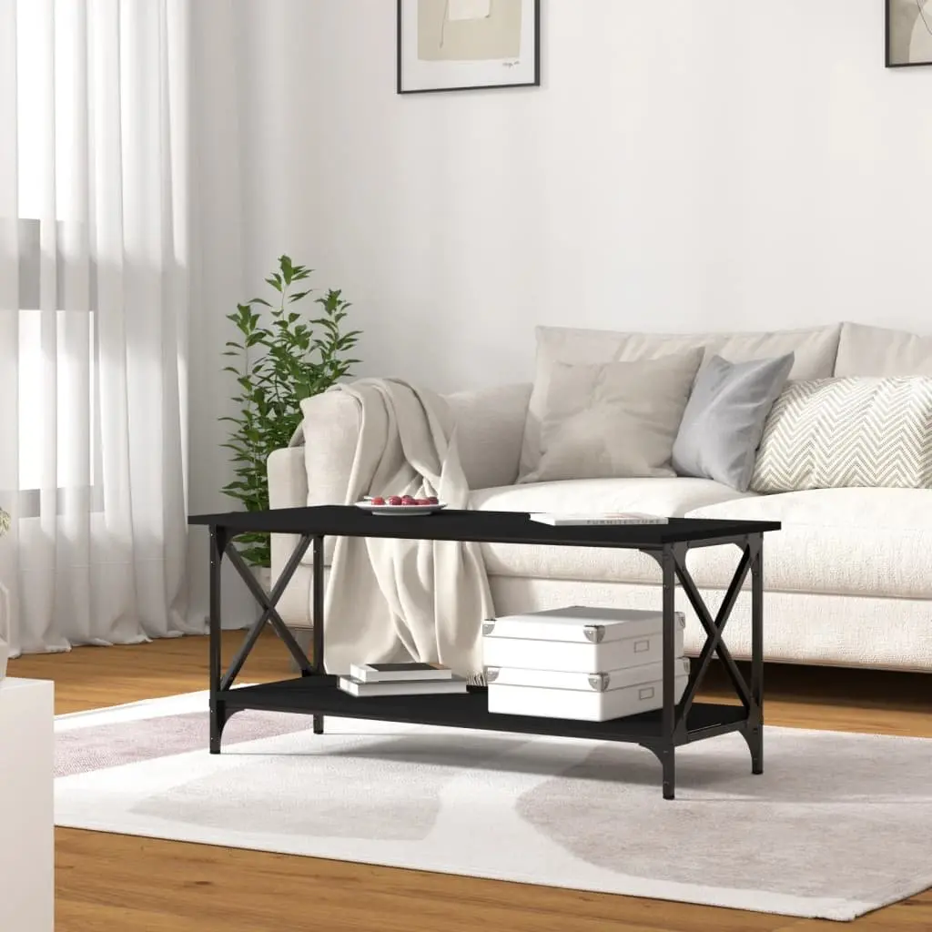Black Engineered Wood Coffee Table with Iron Frame