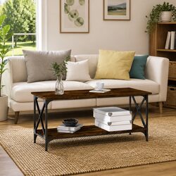Durable Brown Engineered Wood Coffee Table with Iron Frame