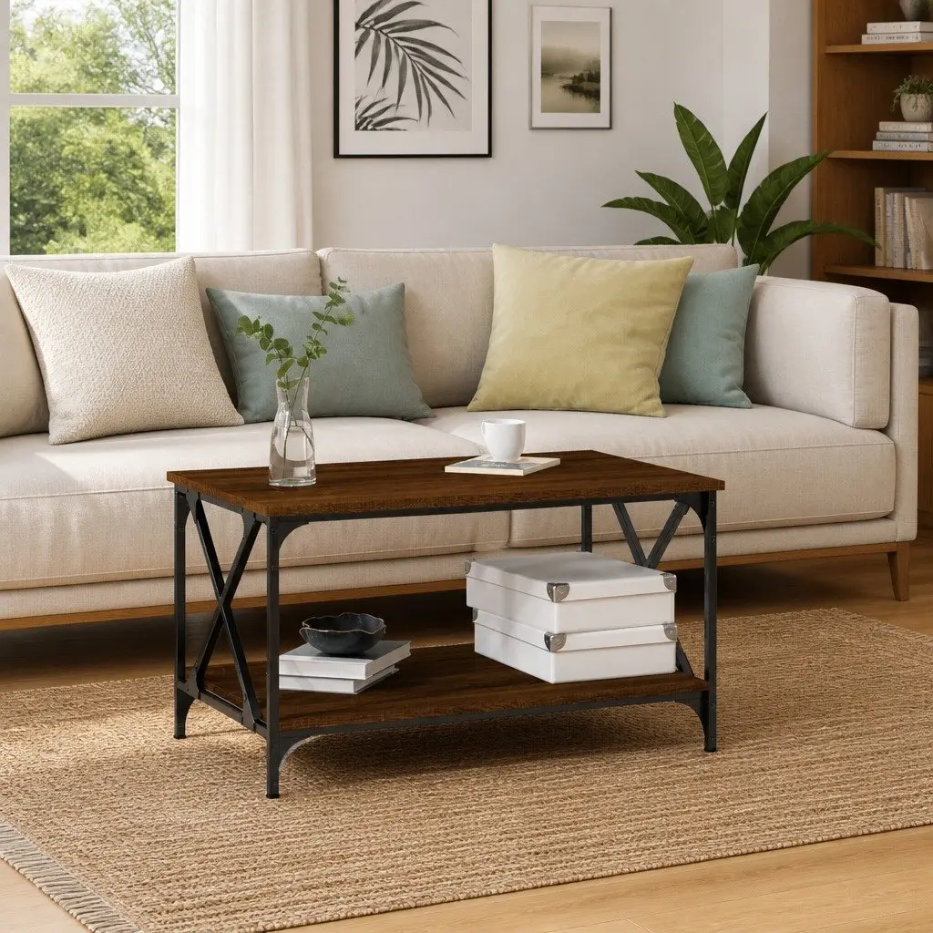 Brown Oak Coffee Table with Open Shelf Storage