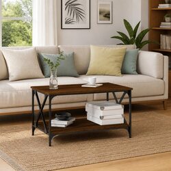 Brown Oak Coffee Table with Open Shelf Storage