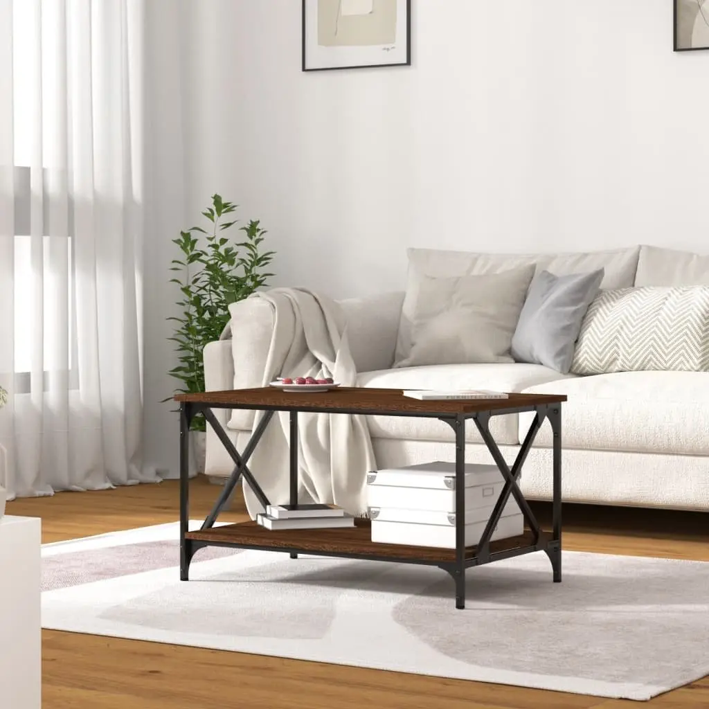 Brown Oak Coffee Table with Open Shelf Storage