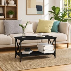Elegant Black Coffee Table with Iron Frame and Storage Shelf