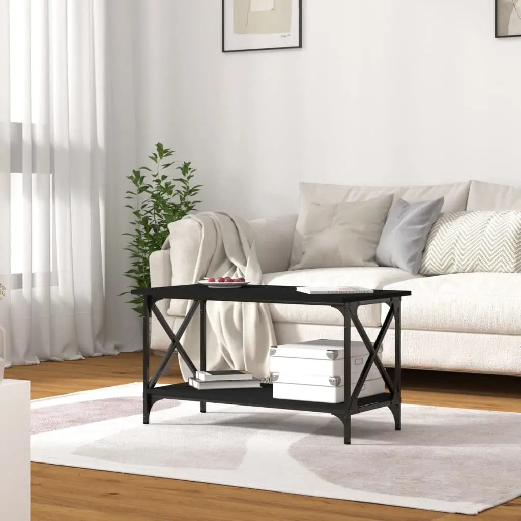 Black Coffee Table with Iron Frame and Storage Shelf