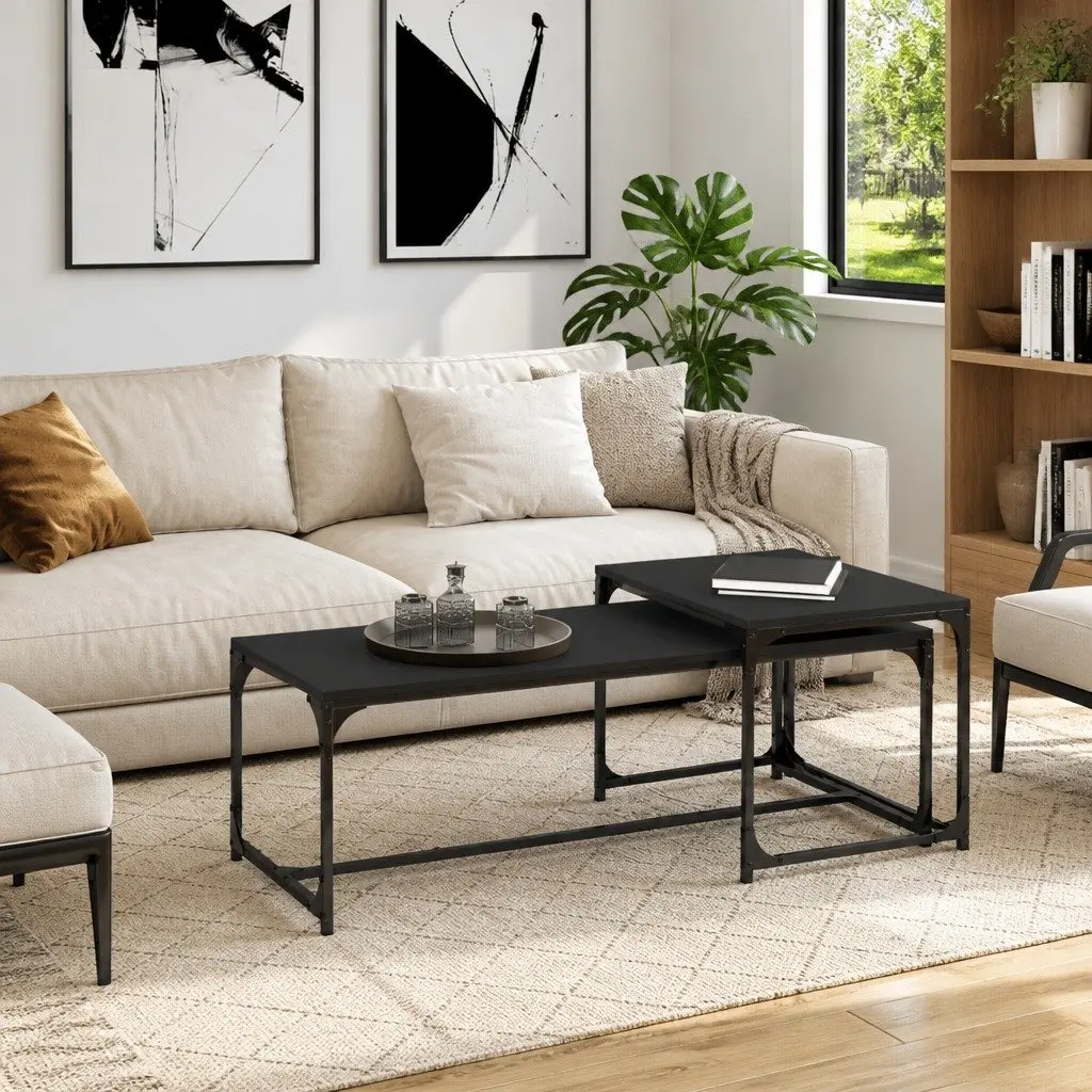 Coffee Tables 2 pcs Black Industrial Storage Steel Frame Adjustable Legs