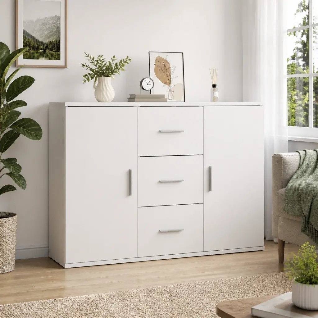 White Engineered Wood Sideboard Storage Cabinet 91x29.5x65cm
