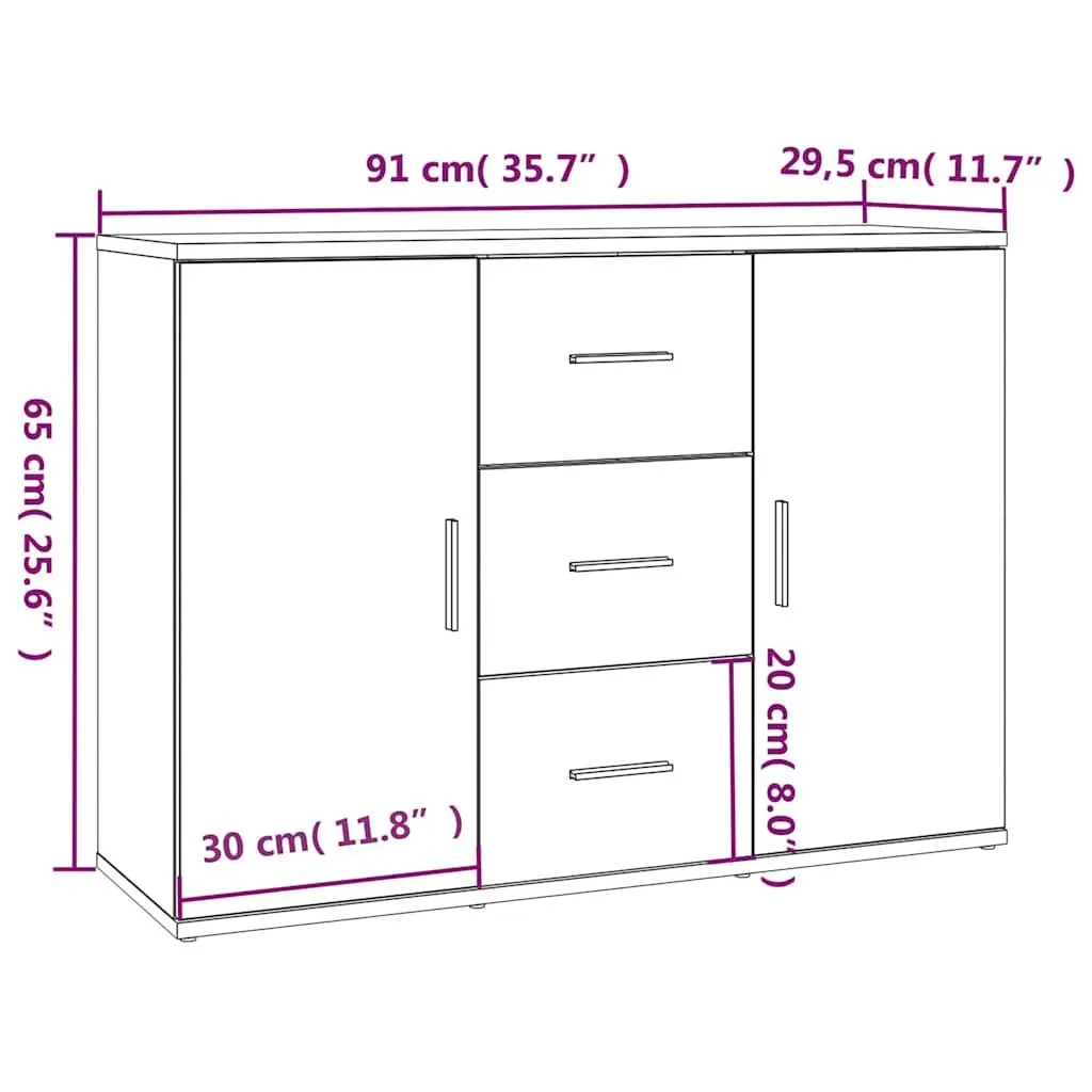 White Engineered Wood Sideboard Storage Cabinet 91x29.5x65cm