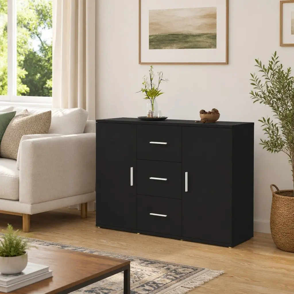 Black Sideboard Cabinet with Doors and Drawers