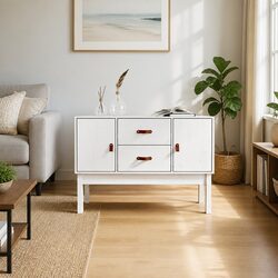Solid Pine Wood White Sideboard with 2 Drawers