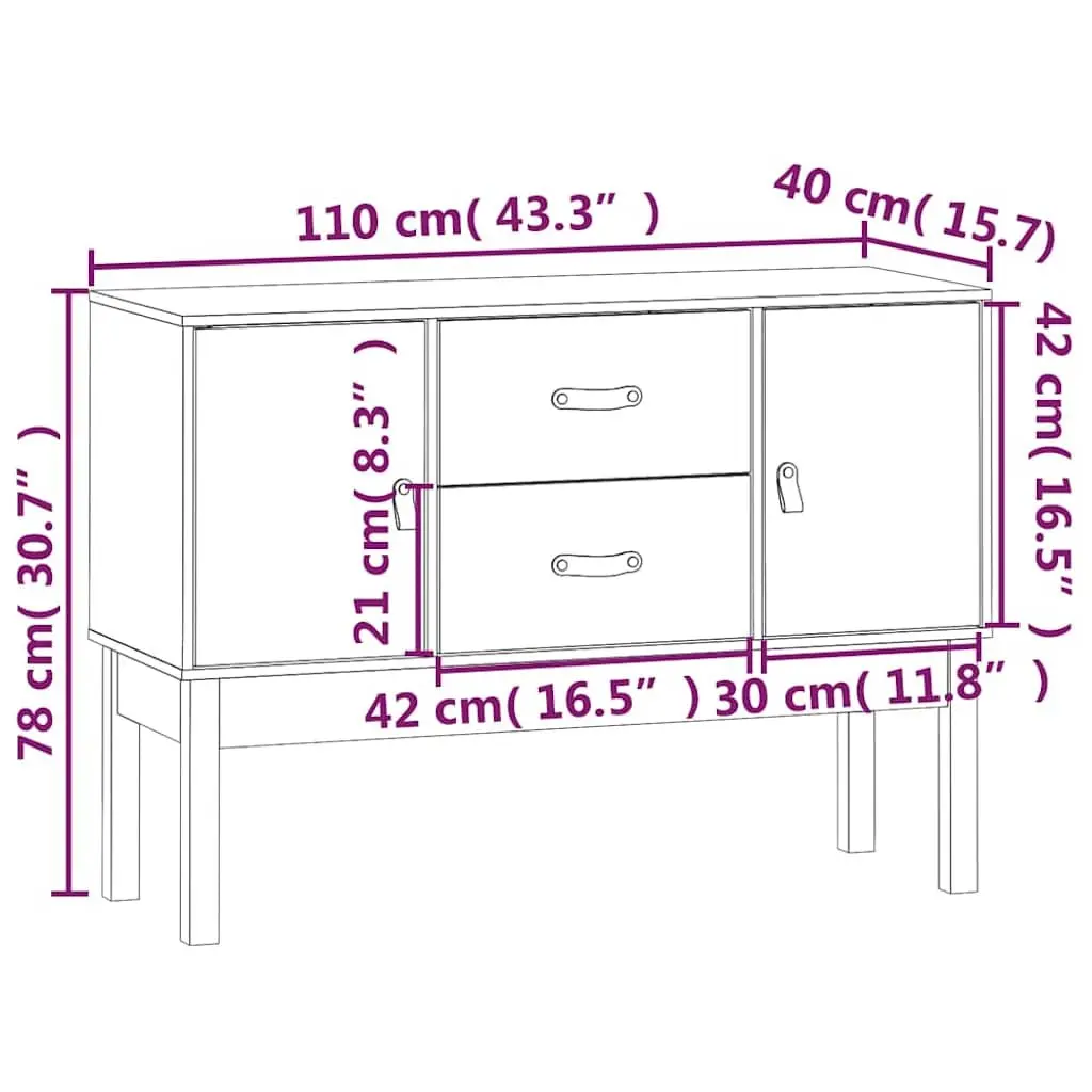 Solid Pine Wood White Sideboard with 2 Drawers