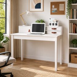 Stylish White Solid Pine Office Desk with Storage