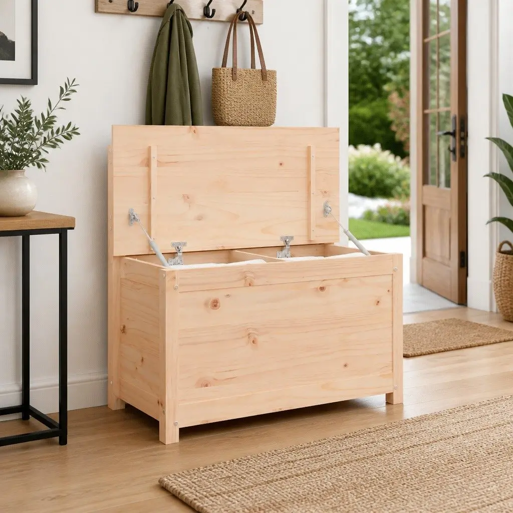 Solid Pine Wood Storage Bench with Backrest in Brown