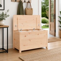 Solid Pine Wood Storage Bench with Backrest in Brown