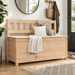 Brown Solid Pine Wood Storage Bench with Backrest 110x41x76.5cm