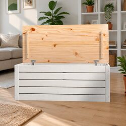 White Solid Pine Wood Storage Box with Lid 89x36.5x33 cm