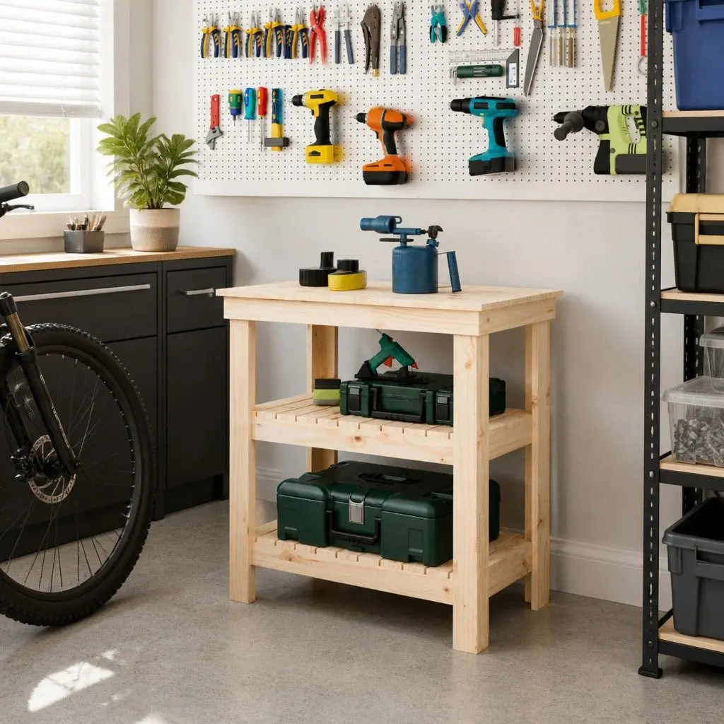 Wooden Work Bench with Storage for Workshop