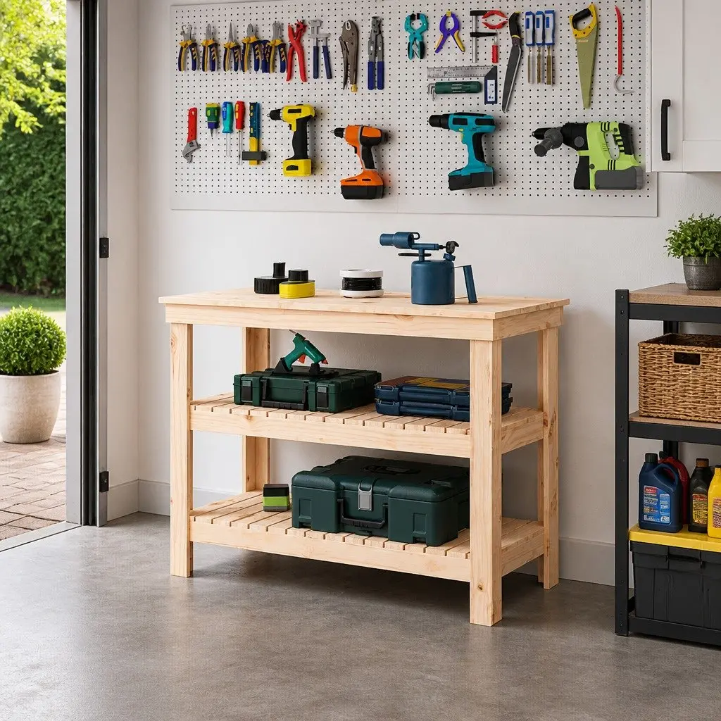 Solid Wood Pine Work Bench with Shelves, 110.5x50x80cm
