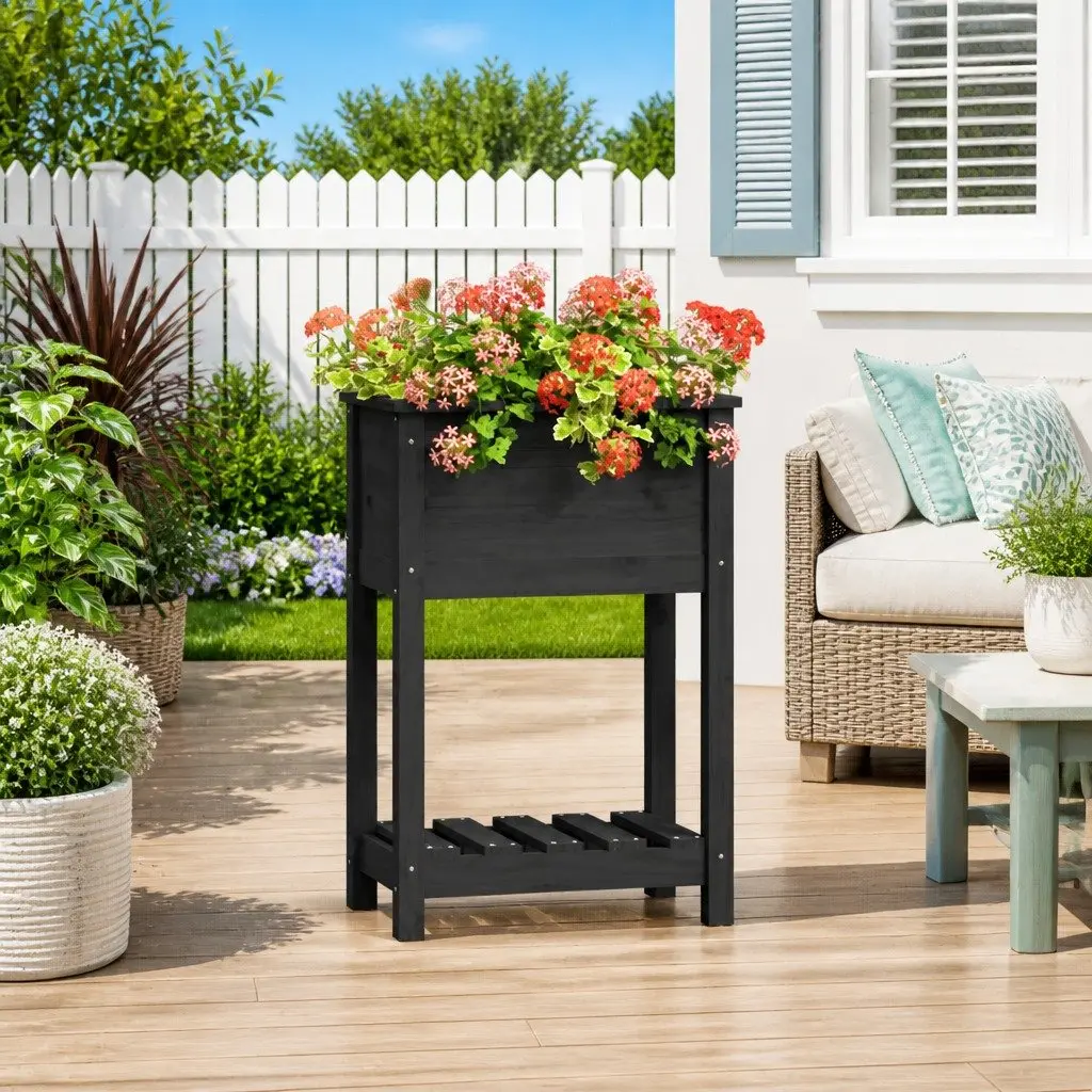 Wooden Planter with Shelf Grey Solid Pine Raised Garden Flower Box Pot