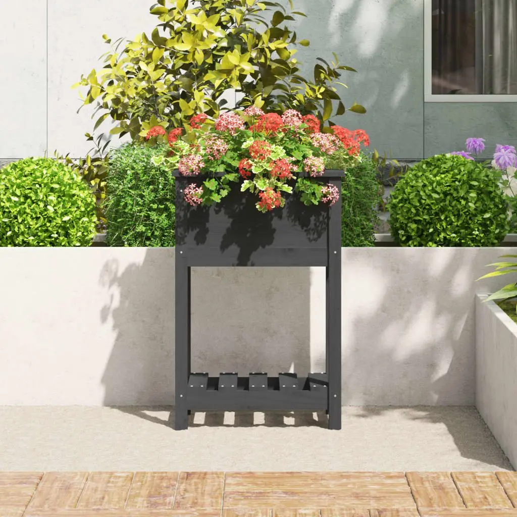 Wooden Planter with Shelf Grey Solid Pine Raised Garden Flower Box Pot