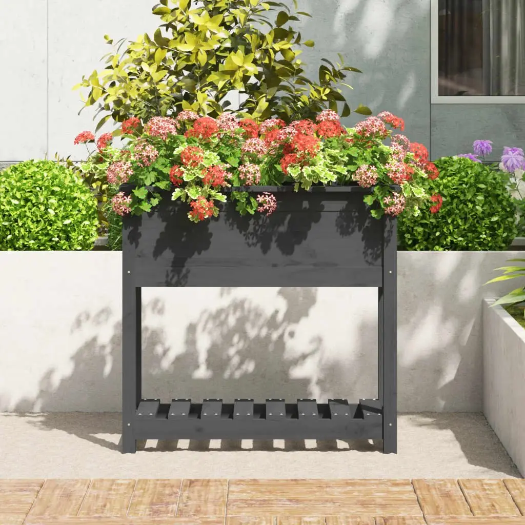 Wooden Garden Planter Solid Pine Grey Raised Bed Flower Box with Shelf 82.5 x 34.5 x 81 cm