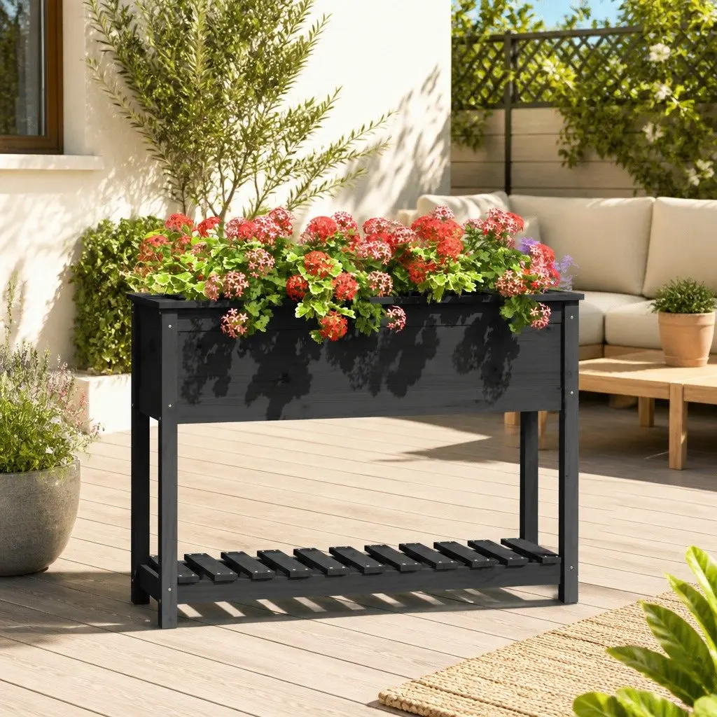 Grey Raised Flower Bed Pot with Shelf Storage