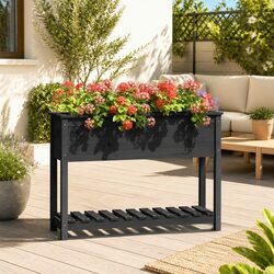 Grey Raised Flower Bed Pot with Shelf Storage