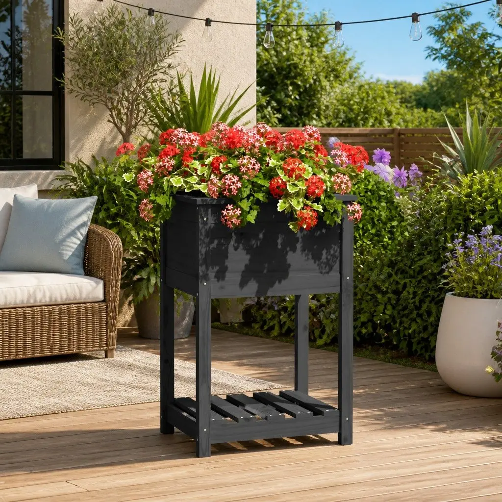 Grey Solid Pine Wooden Planter with Shelf for Garden