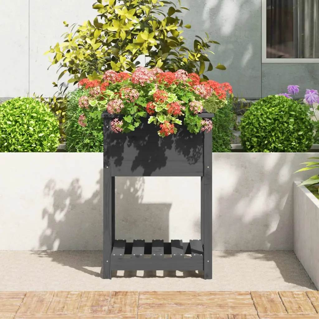 Grey Solid Pine Wooden Planter with Shelf for Garden