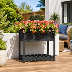 Grey Wooden Planter Box with Shelf for Raised Gardening