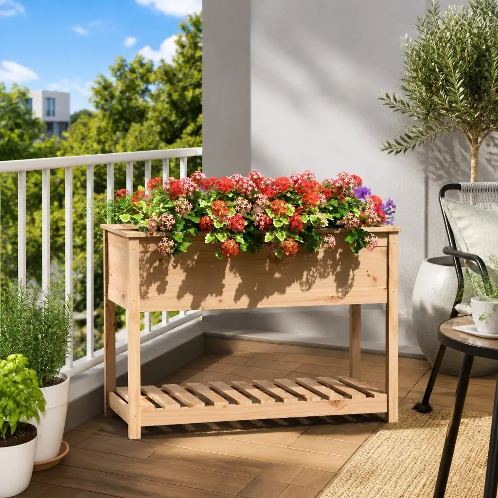 Solid Pine Wooden Planter with Shelf for Gardening