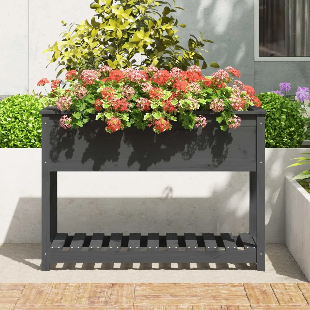 Raised Grey Wooden Garden Planter with Shelf Storage