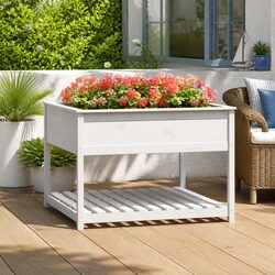 Sturdy White Wooden Planter with Shelf for Outdoor Use