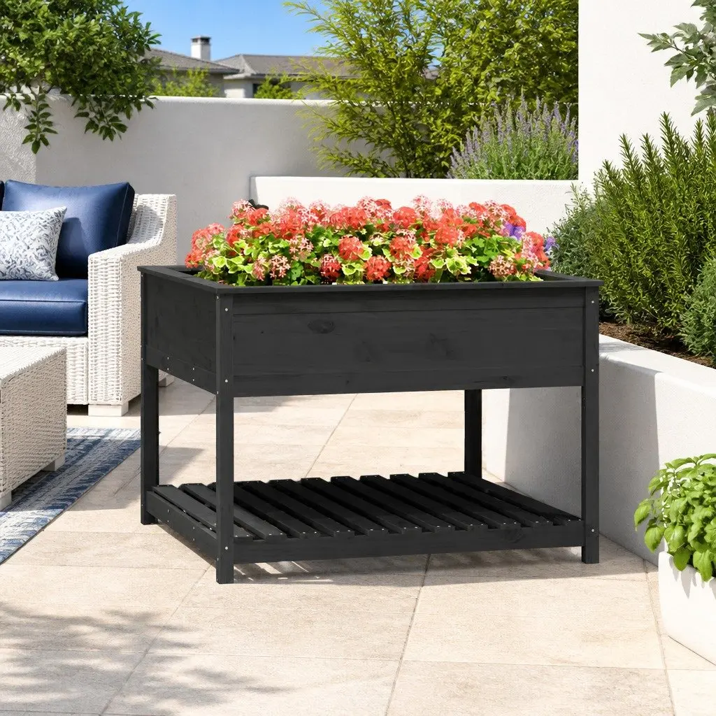 Wooden Planter Solid Pine Wood Grey Raised Flower Box with Shelf Storage 111.5 x 111.5 x 81 cm