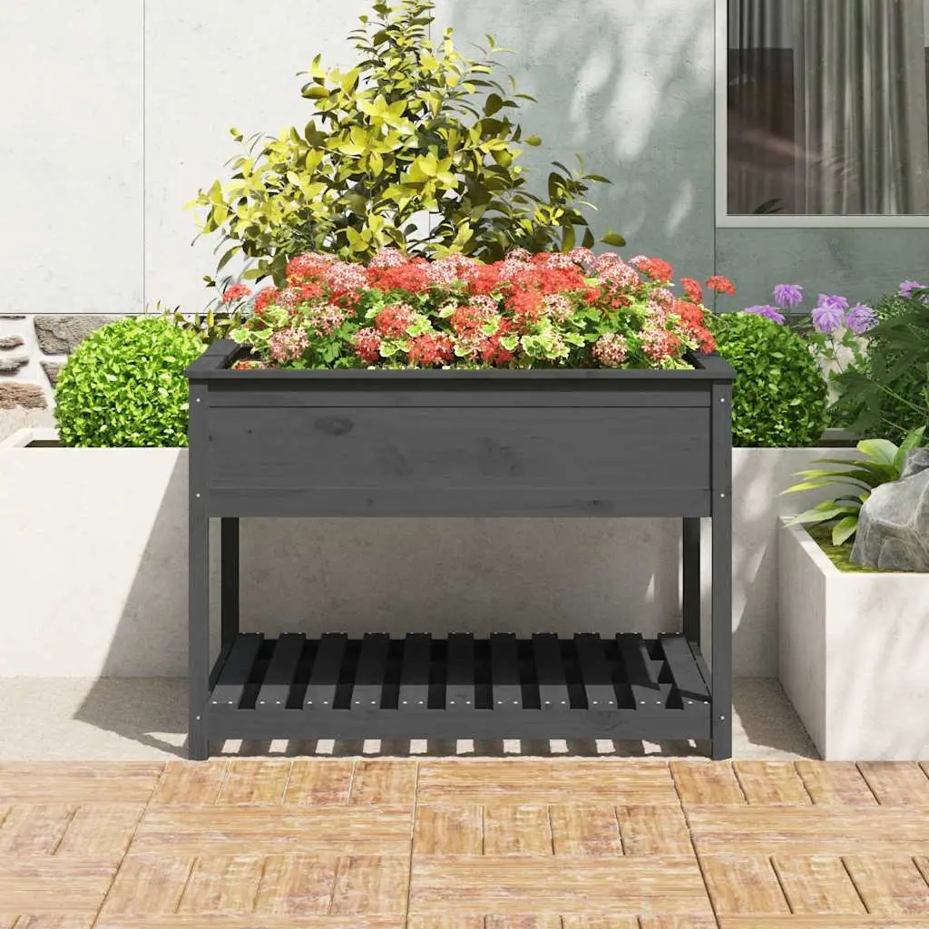 Wooden Planter Solid Pine Wood Grey Raised Flower Box with Shelf Storage 111.5 x 111.5 x 81 cm