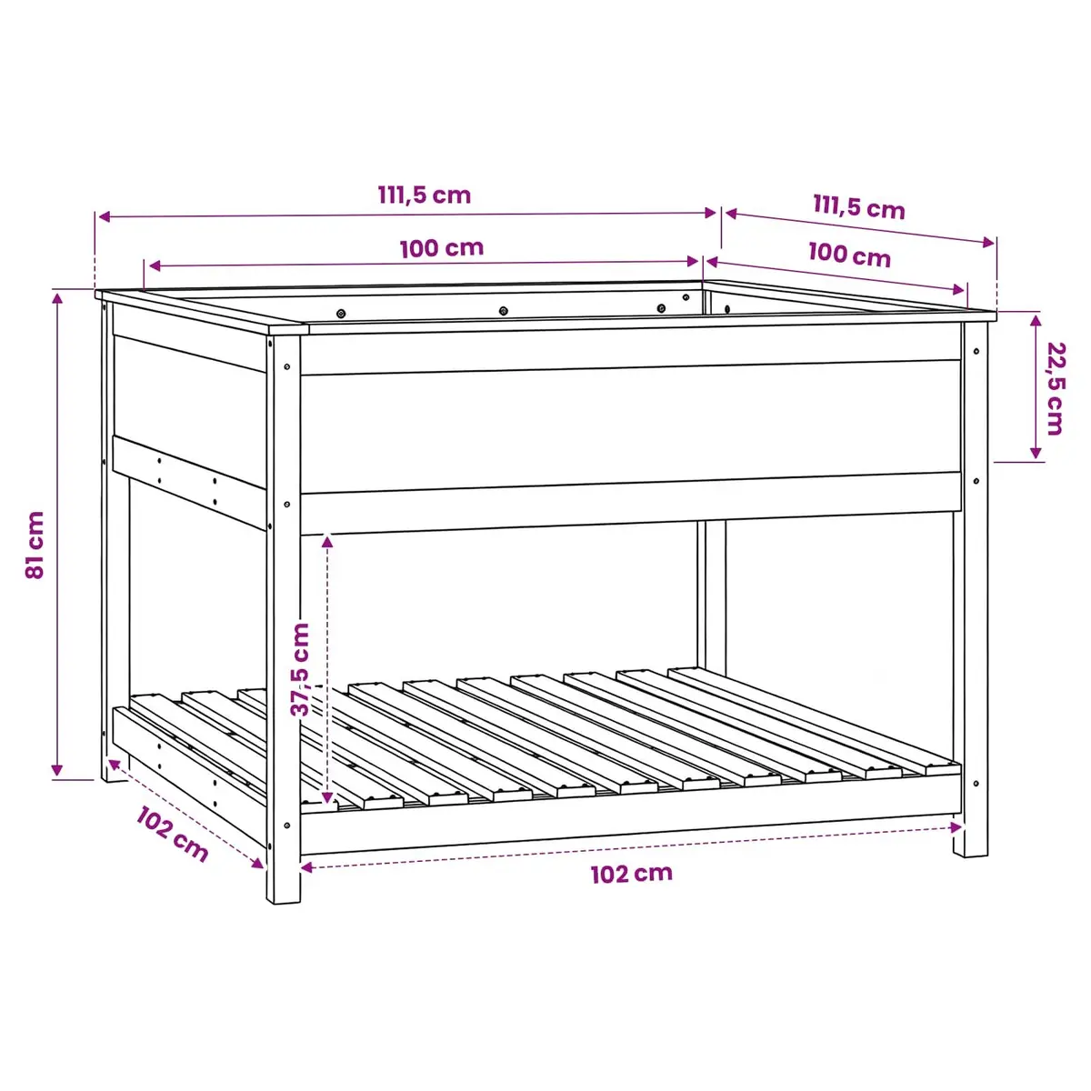 Wooden Planter Solid Pine Wood Grey Raised Flower Box with Shelf Storage 111.5 x 111.5 x 81 cm