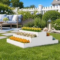 Sturdy White Wooden Planter Pot 80x80x27cm with Stair-Step Design