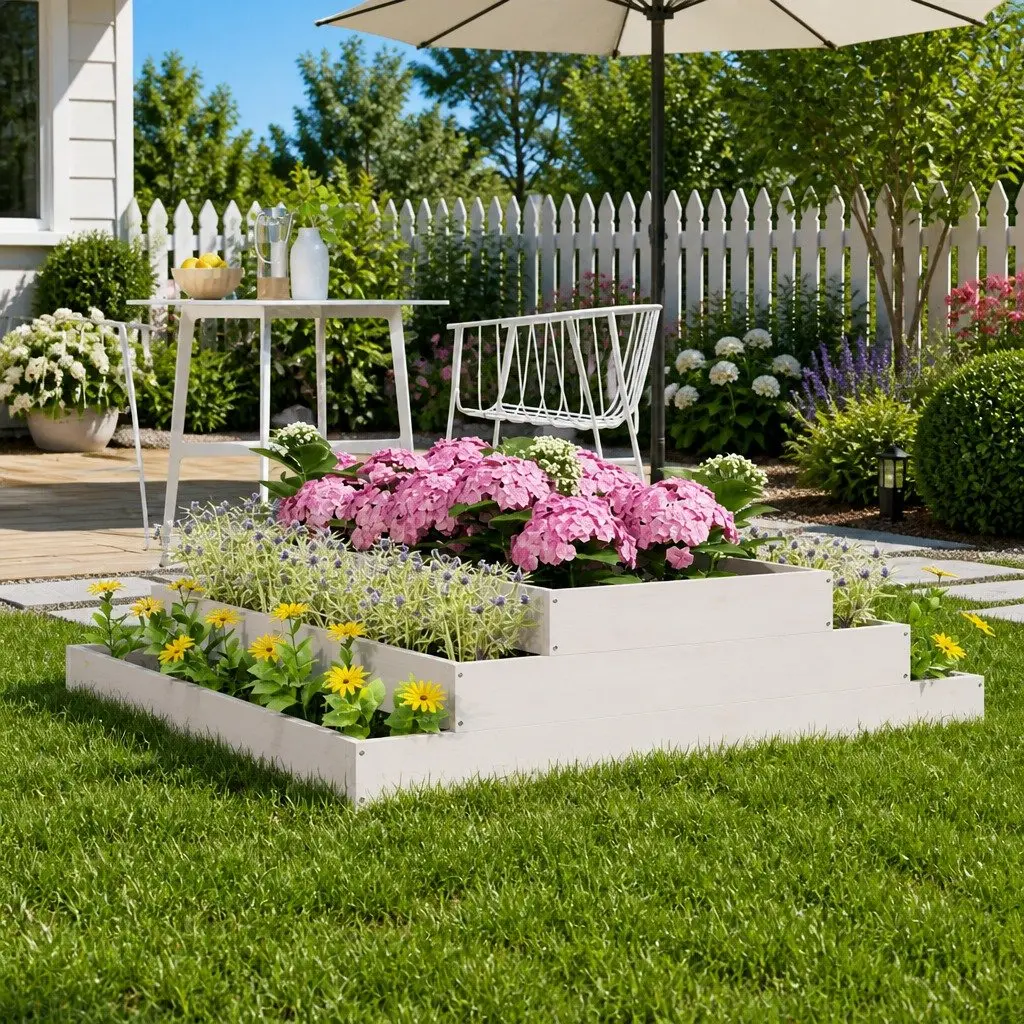 Raised Garden Planter Box 110x110x27cm White