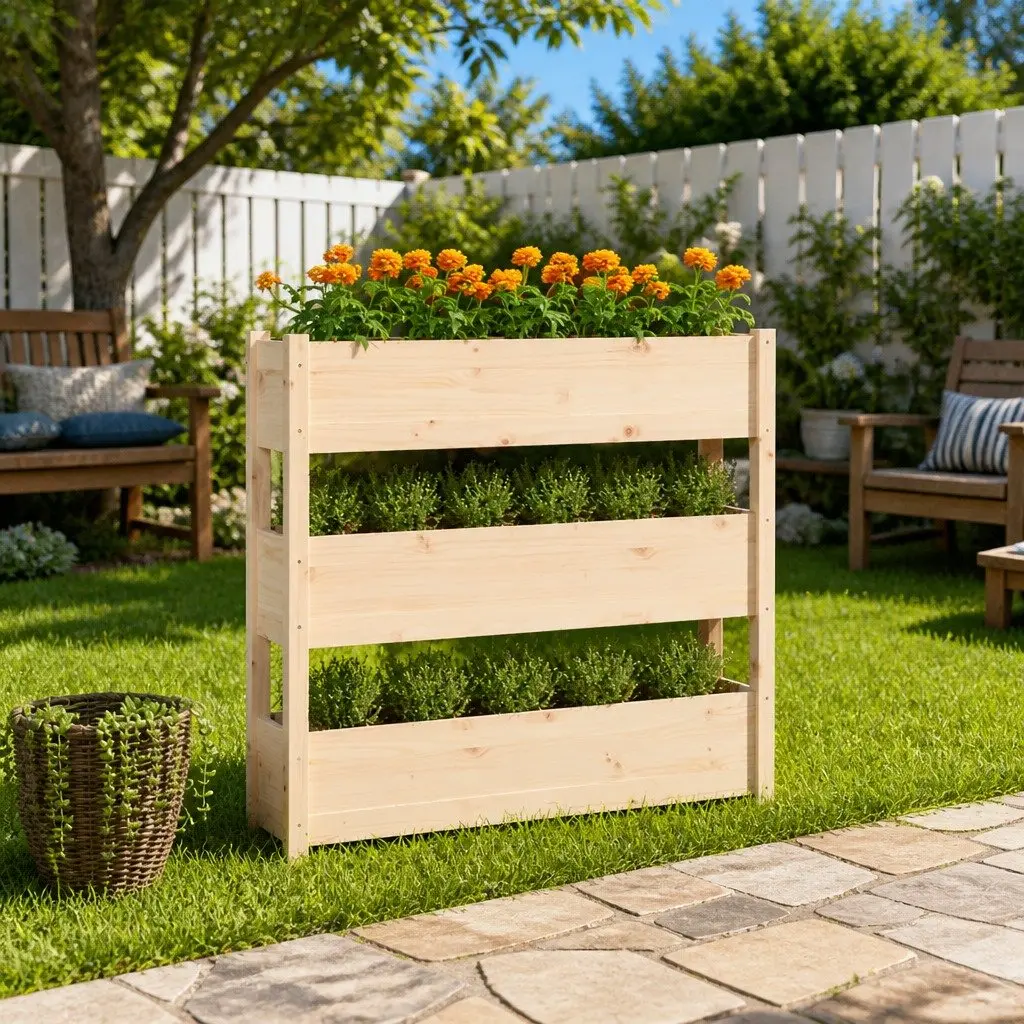 Pine Wood Planter with 3 Flower Boxes for Gardens
