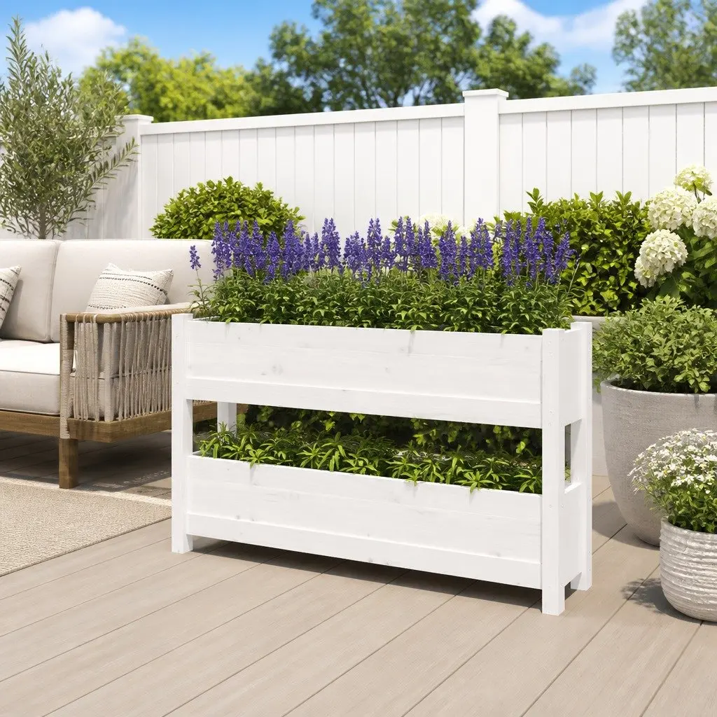 Wooden Planter Solid Pine 112x25x66cm White 2 Flower Boxes