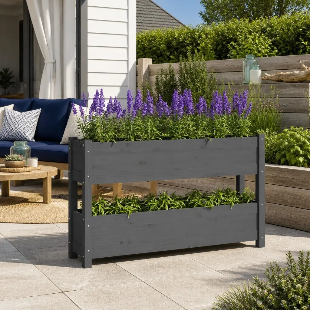 Wooden Planter Box Solid Pine Wood Grey 112x25x66 cm Raised Bed Garden