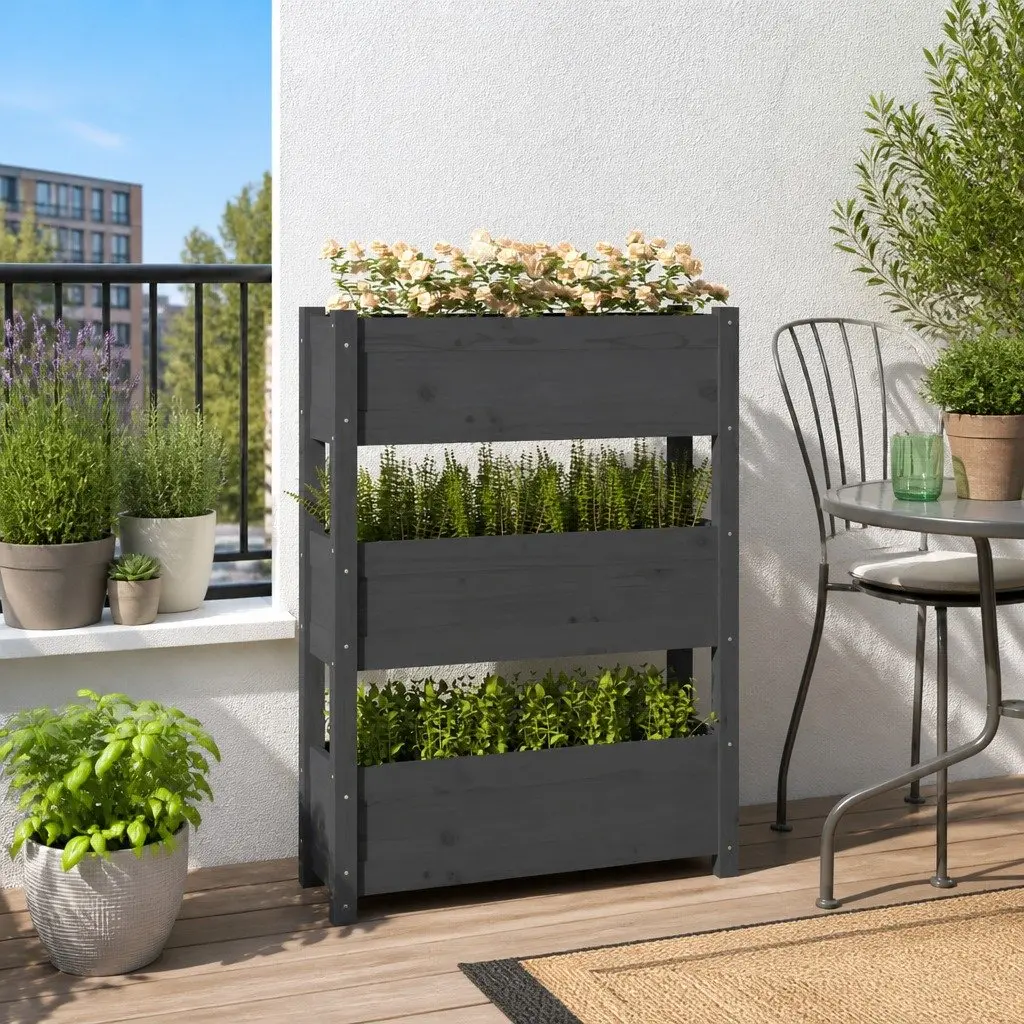 3-Tier Grey Wooden Planter Box for Flower Gardening