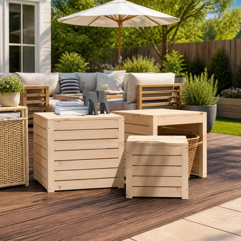 Solid Pine Wood 3 Piece Garden Storage Box Set