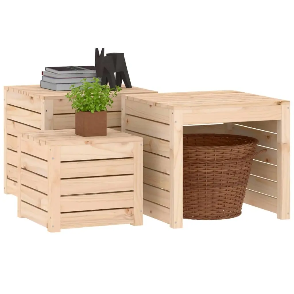 Solid Pine Wood 3 Piece Garden Storage Box Set