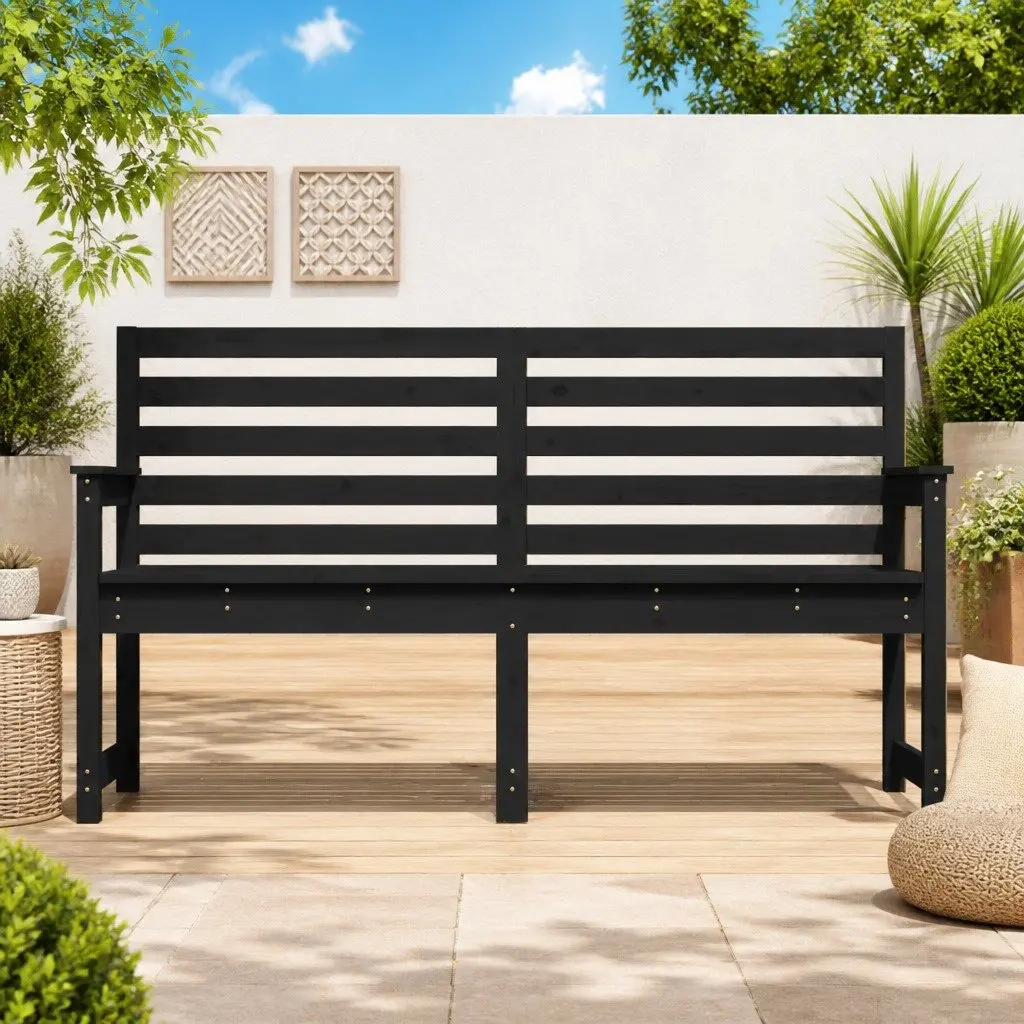 Garden Bench Solid Pine Wood 159.5x48x91.5cm Black Outdoor Seating with Backrest and Armrest