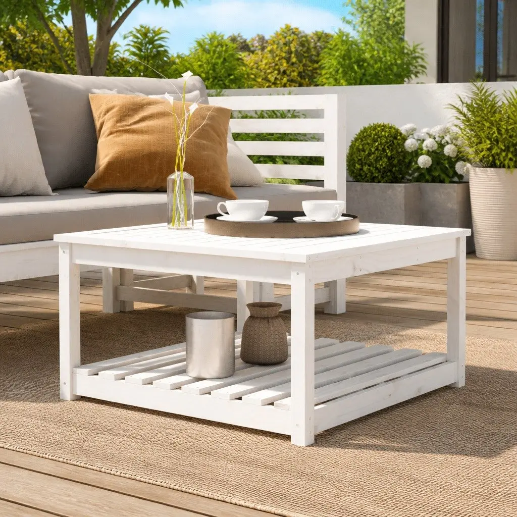 Outdoor Patio Table in White Solid Pine with Storage