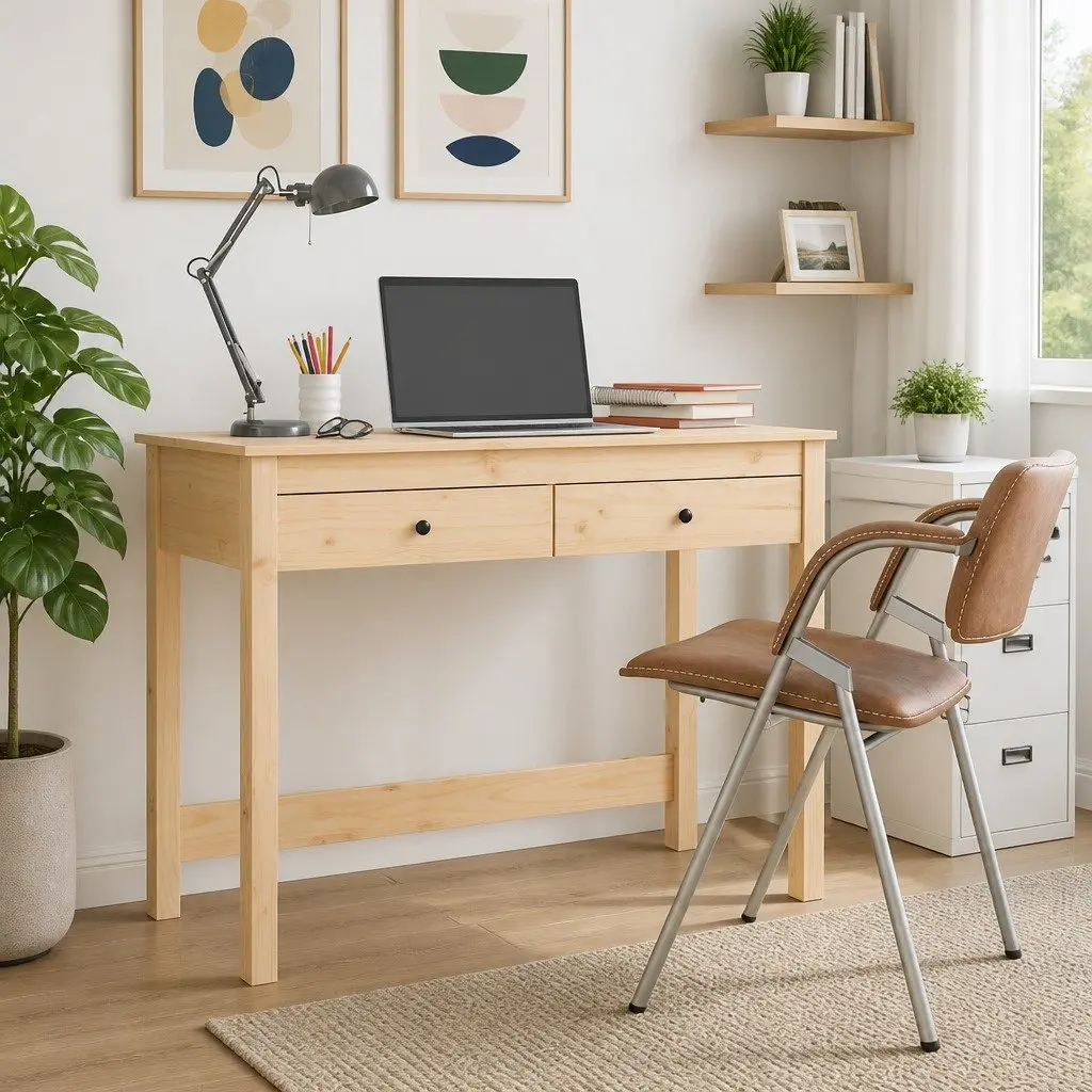 Solid Pine Wood Desk with 2 Drawers in Brown
