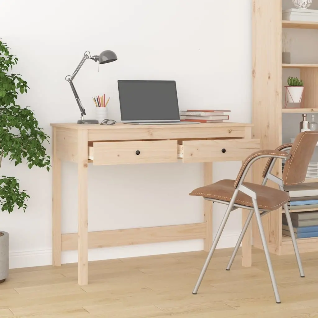 Solid Pine Wood Desk with 2 Drawers in Brown