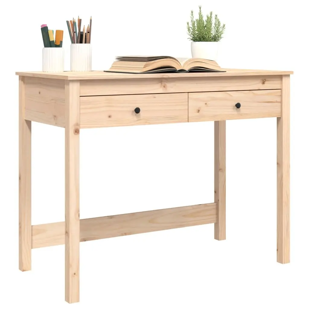 Solid Pine Wood Desk with 2 Drawers in Brown